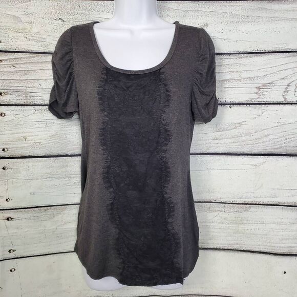 Maurices S Gray Lace Puff Sleeve Tee Stretchy Boho Top Scoop Neck - Picture 1 of 7